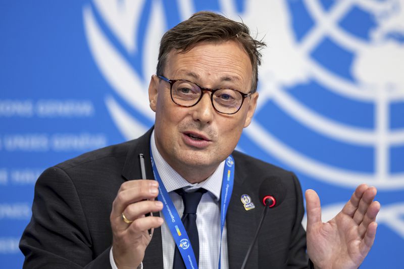 Stefan Uhlenbrook, director of Hydrology, Water and Cryosphere at the World Meteorological Organization (WMO), presents the WMO's State of Global Water Resources report during a press conference at the European headquarters of the United Nations in Geneva, Switzerland, Monday, Oct. 7, 2024. (Salvatore Di Nolfi/Keystone via AP)