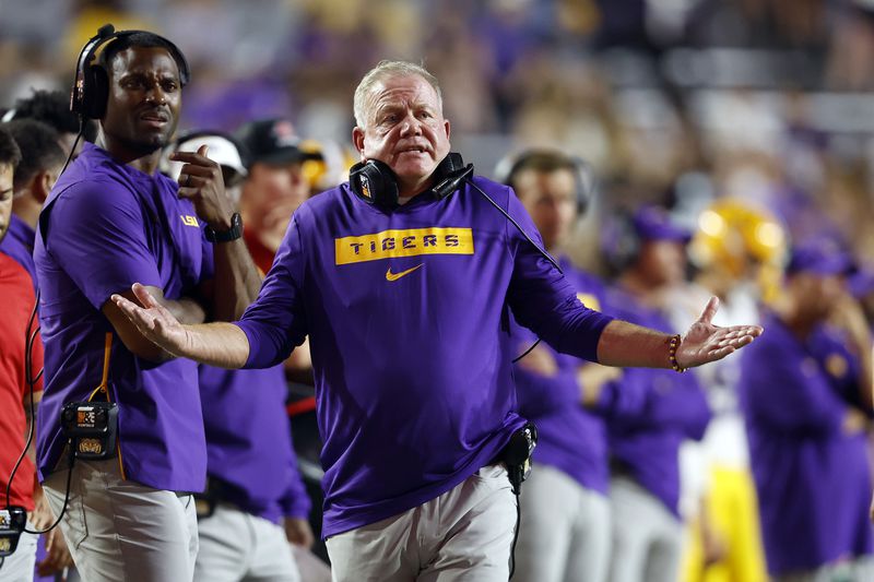 LSU head coach Brian Kelly reacts to a play during the second half of an NCAA college football game against Nicholls State in Baton Rouge, La., Saturday, Sept. 7, 2024. LSU won 44-21. (AP Photo/Tyler Kaufman)