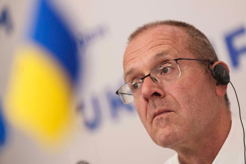 Doctor Hans Henri P. Kluge, WHO Regional Director for Europe speaks to media during a press conference in Kyiv, Ukraine, Thursday Sept. 12, 2024. (AP Photo/Evgeniy Maloletka)