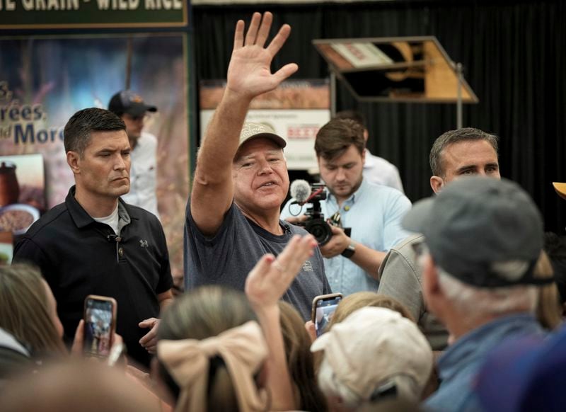 Minnesota Gov. Tim Walz visits the Minnesota State Fair Sunday, Sept. 1, 2024 in Falcon Heights, Minn. (Glen Stubbe/Star Tribune via AP)