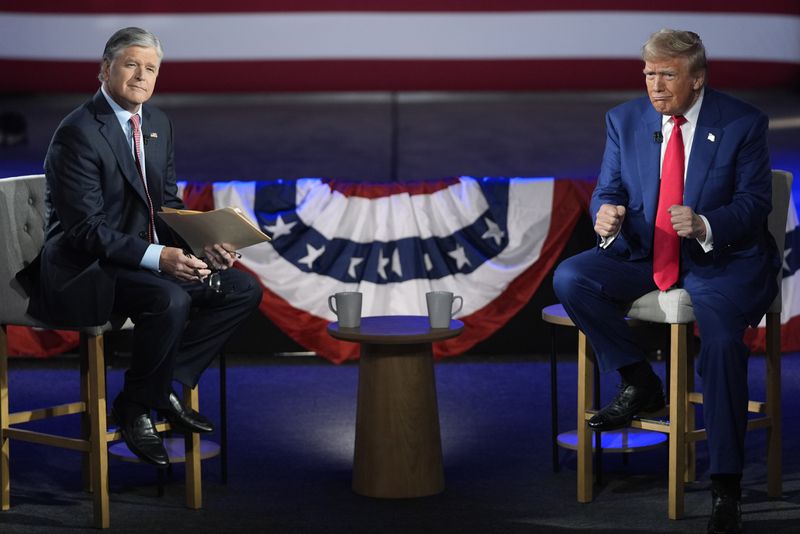 Republican presidential nominee former President Donald Trump participates in a town hall with FOX News host Sean Hannity at the New Holland Arena, Wednesday, Sept. 4, 2024, in Harrisburg, Pa. (AP Photo/Evan Vucci)