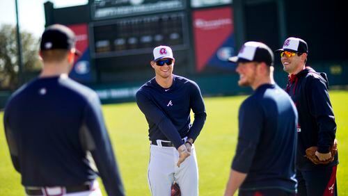 Atlanta Braves pitcher Shelby Miller, center, stretches while talking with teammates from left, Alex Wood, Craig Kimbrel and Braeden Schlehuber before an informal spring training baseball workout, Friday, Feb. 20, 2015, in Kissimmee, Fla. (AP Photo/David Goldman) Braves pitcher (from left) Alex Wood, Shelby Miller, Craig Kimbrel and Braeden Schlehuber stretch as pitchers and catchers began workouts. (AP photo)