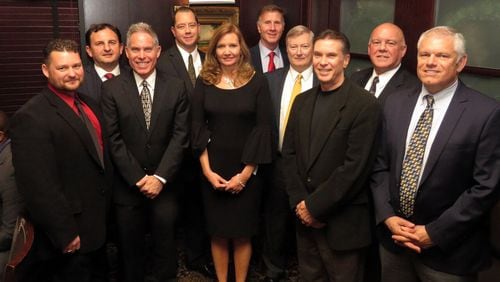 The Georgia Association of Business Brokers honored 13 members of the Million Dollar Club at a dinner in Dunwoody. Pictured, from left, are Jon Merry, a senior business broker with THE BUSINESS HOUSE; Jon Roman, business intermediary, franchise consultant and developer at Transworld Business Advisors; Steve Josovitz, vice president of The Shumacher Group; Richard S. Burgess, president and founder of Priority Business Acquisitions, Inc.; Lisa Young, Business Broker at Transworld Business Advisors; Matt Wochele, founder of Preferred Business Brokers; Greg DeFoor, founder and President of DeFoor Business Services; Jay Fenello, Business Broker and Intermediary with BizPlacements.com; Tim Greene, Business Broker and Consultant for DeFoor Business Services; and J. Snypp, Vice President of Preferred Business Brokers, Inc. Not pictured are top producer for 2018 C. David Chambless, president of Abraxas Business Services, Inc., Robin Gagnon, co-founder of We Sell Restaurants and wesellrestaurants.com; and Eric Gagnon, the president of We Sell Restaurants and wesellrestaurants.com.