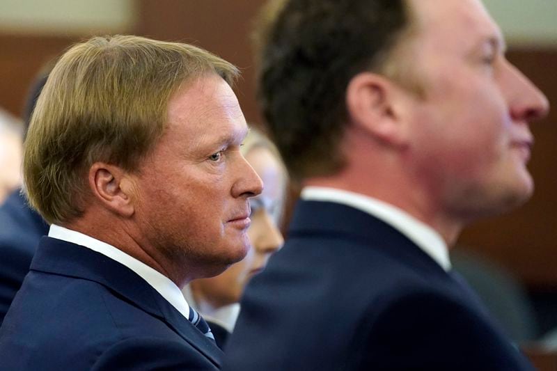 FILE - Jon Gruden listens in court Wednesday, May 25, 2022, in Las Vegas, where a judge heard a bid by the National Football League to dismiss former Las Vegas Raiders coach Jon Gruden's lawsuit, accusing the league of a "malicious and orchestrated campaign" including the leaking of offensive emails ahead of his resignation last October. In a Monday July 1, 2024, posting, Gruden lost a bid for the Nevada Supreme Court to reconsider whether a contract interference and conspiracy lawsuit he filed against the league after he resigned from the Las Vegas Raiders in 2021 should be heard in courts or in private arbitration. (AP Photo/John Locher, File)