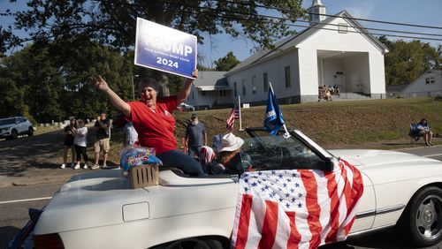 Patricia Vahey, secretary for the Republican Women of Banks County, rides in the Labor Day parade in Homer on Aug. 31.   (Ben Gray / Ben@BenGray.com)