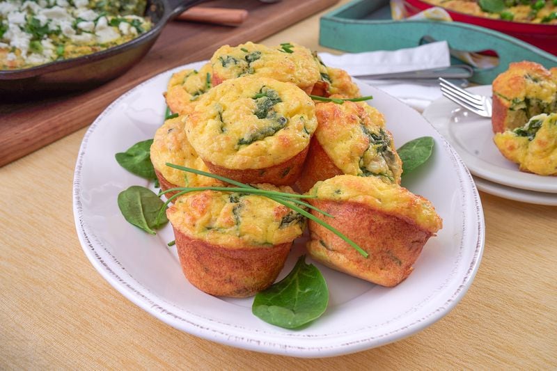 A standard-size muffin pan is a handy swap for a 10-inch skillet to create personal-sized frittatas for a hungry crowd or freeze-and-reheat grab-and-go meals. This recipe is loaded with spinach and cream cheese with a touch of nutmeg, harkening the flavors of classic creamed spinach. (Chadwick Boyd for The Atlanta Journal-Constitution)