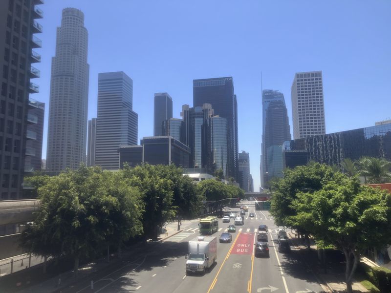 Traffic moves along in downtown Los Angeles on Monday, Aug. 12, 2024, after an earthquake struck the Los Angeles area. (AP Photo/John Antczak)