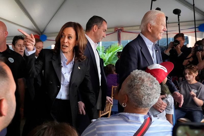 Democratic presidential nominee Vice President Kamala Harris campaigns with President Joe Biden at the IBEW Local Union #5 union hall in Pittsburgh, on Labor Day, Monday, Sept. 2, 2024. (AP Photo/Jacquelyn Martin)