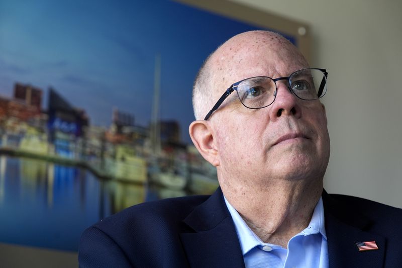 Former Maryland Gov. Larry Hogan speaks during an interview with the Associated Press, Tuesday, Aug. 27, 2024, in Annapolis, Md. (AP Photo/Stephanie Scarbrough)