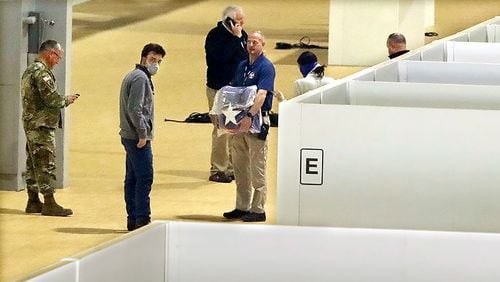 An image of a 200-bed temporary hospital for coronavirus patients that opened in April inside the Georgia World Congress Center.