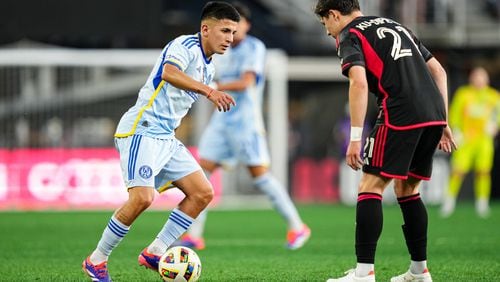Atlanta United midfielder Thiago Almada #10 dribbles during the first half of the match against the D.C. United at Audi Field in Washington,  on Wednesday June 19, 2024. (Photo by Mitch Martin/Atlanta United)