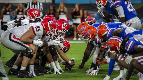 Georgia and Florida line up at the line of scrimmage during the second half of an college football game, Saturday, Oct. 30, 2021, in Jacksonville, Fla. (Stephen B. Morton/Atlanta Journal-Constitution)
