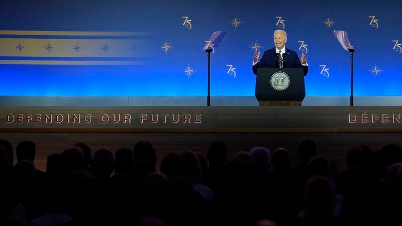 President Joe Biden speaks during an event commemorating the 75th Anniversary of NATO at the Andrew W. Mellon Auditorium on the sidelines of the NATO summit in Washington on Tuesday, July 9, 2024. (AP Photo/Susan Walsh)