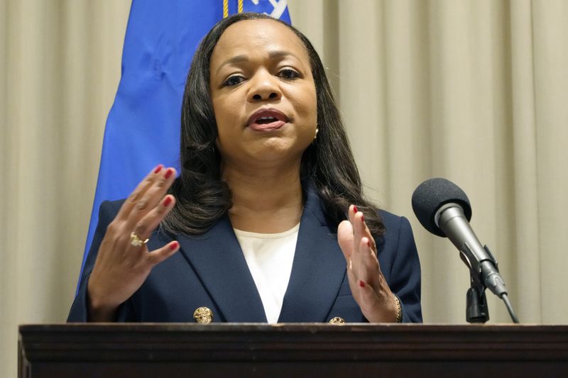 FILE - Assistant Attorney General Kristen Clarke of the U.S. Department of Justice Civil Rights Division makes an announcement at a news conference, Wednesday, Nov. 8, 2023, in Jackson, Miss. (AP Photo/Rogelio V. Solis, File)