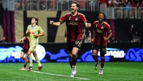 Atlanta United midfielder Alexey Miranchuk #59 scores a goal during the match against the New York Red Bulls at Mercedes-Benz Stadium in Atlanta, GA on Saturday October 5, 2024. (Photo by Mitch Martin/Atlanta United)