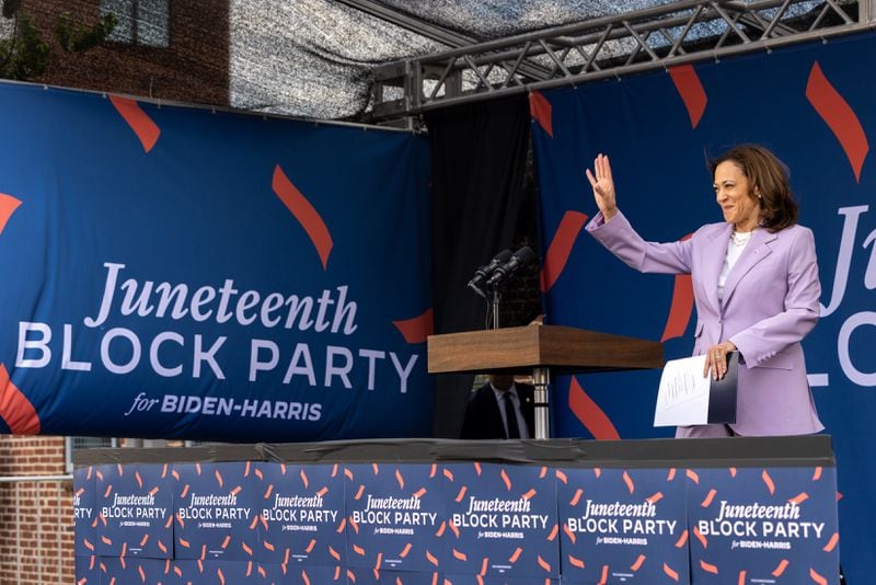 Vice President Kamala Harris leaves a Juneteenth Block Party campaign event outside her new campaign headquarters in Atlanta on Tuesday, June 18, 2024. (Arvin Temkar / AJC)