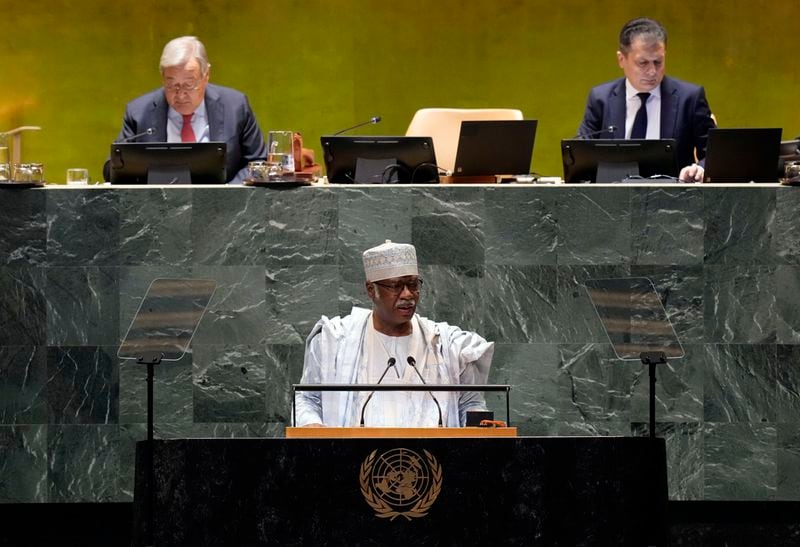 Philemon Yang, President of the General Assembly, addresses the 79th session of the United Nations General Assembly, Tuesday, Sept. 24, 2024. (AP Photo/Richard Drew)