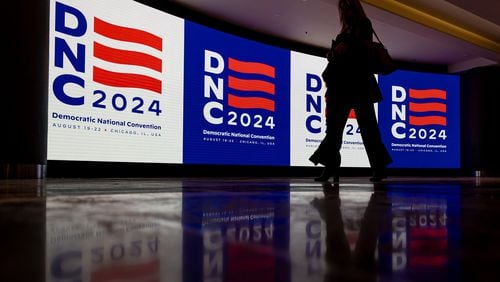 The logo is displayed while the Democratic National Convention holds a media walkthrough at the United Center in Chicago. (Brian Cassella/Chicago Tribune/TNS)