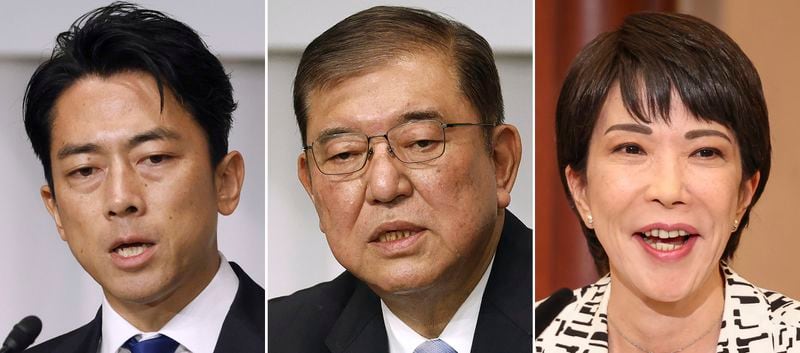 This photo combination shows the candidates of the ruling Liberal Democratic Party for the party's upcoming presidential election, from left to right, former Environment Minister Shinjiro Koizumi, former Defense Minister Shigeru Ishiba and Economic Security Minister Sanae Takaichi. Japan will have a new leader after outgoing Prime Minister Fumio Kishida’s governing Liberal Democratic Party holds a vote on Sept. 27 to choose his replacement.(AP Photo)