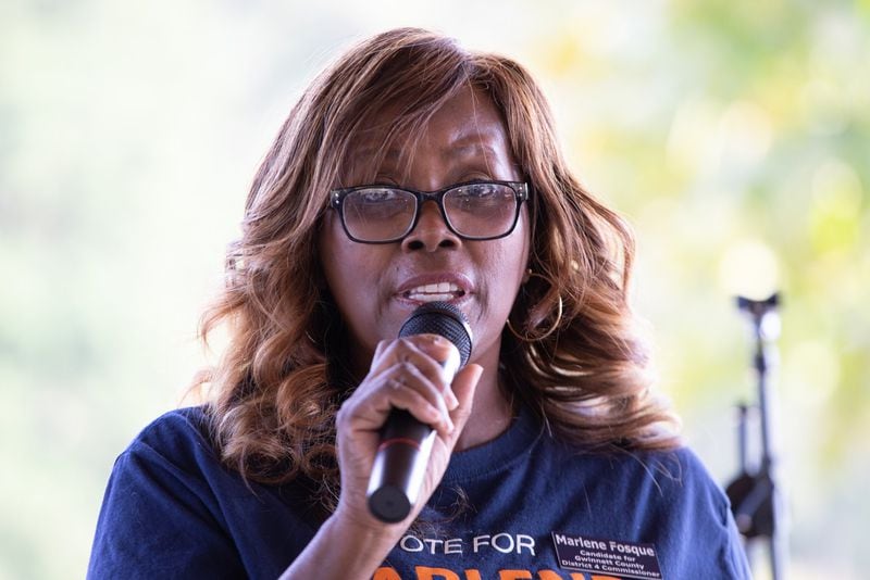 October 06, 2018 â€” Marlene Fosque, candidate for Gwinnett County Board of Commissioners, Georgia District 4, at a Donna McLeod rally in a park in Lawrenceville. (CREDIT: Dustin Chambers for AJC)