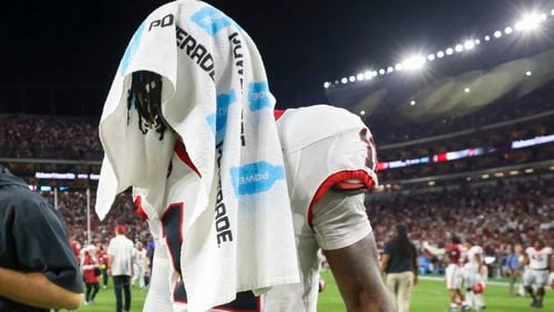 Georgia defensive back Julian Humphrey (12) reacts after the loss to Alabama at Bryant-Denny Stadium, Saturday, Sept. 28, 2024, in Tuscaloosa, Al. Alabama won 41-34. (Jason Getz / AJC)

