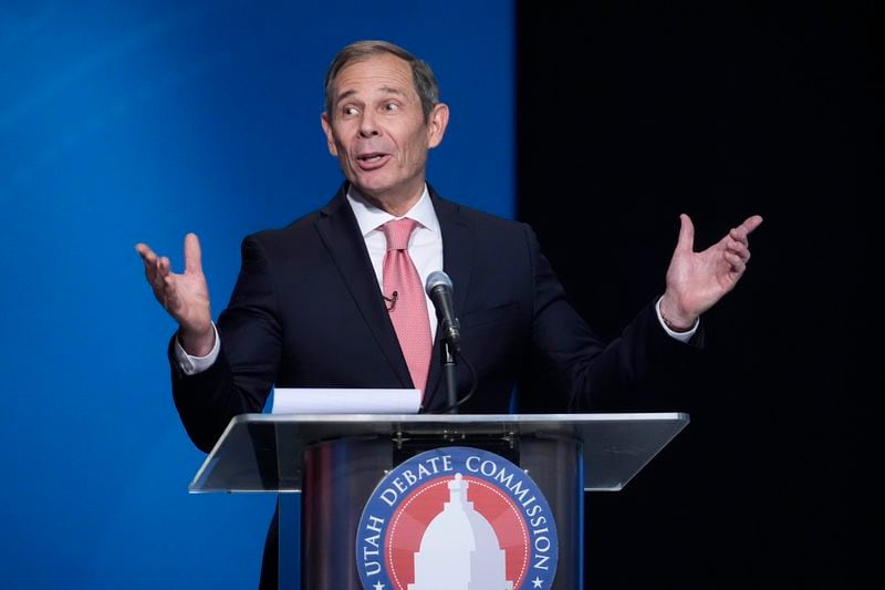FILE - U.S. Rep. John Curtis speaks during the Utah Senate primary debate for Republican contenders battling to win the seat of retiring U.S. Sen. Mitt Romney on June 10, 2024, in Salt Lake City. Curtis, who is considered the front-runner, has pitched himself as the alternative to Trump-backed Riverton Mayor Trent Staggs and two other contenders, who have spent much of the race arguing over whose policy positions most closely align with Trump's. (AP Photo/Rick Bowmer, Pool, File)