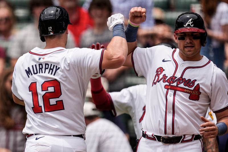 Atlanta Braves' Sean Murphy (12) celebrates his two-run homer against the Detroit Tigers in the third inning of a baseball game, Wednesday, June 19, 2024, in Atlanta. (AP Photo/Mike Stewart)