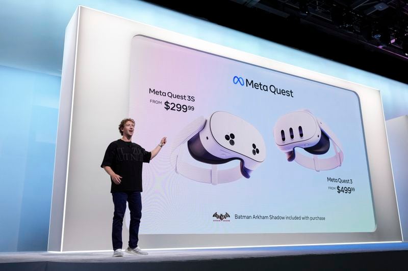 Mark Zuckerberg talks about the Meta Quest 3S during the Meta Connect conference Wednesday, Sept. 25, 2024, in Menlo Park, Calif. (AP Photo/Godofredo A. Vásquez)