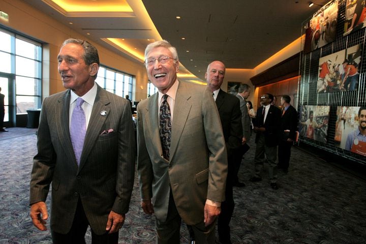 Atlanta Falcons owner Arthur Blank models a new Falcons' jersey