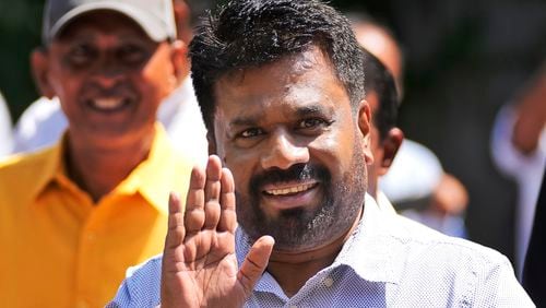 Leader and the presidential candidate of National People's Power Anura Kumara Dissanayake arrives at a polling station to cast his vote in Colombo, Sri Lanka, Saturday, Sept. 21, 2024. (AP Photo/Eranga Jayawardena)