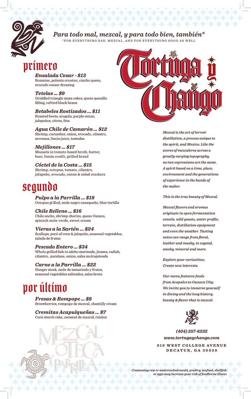 The menu for Tortuga y Chango