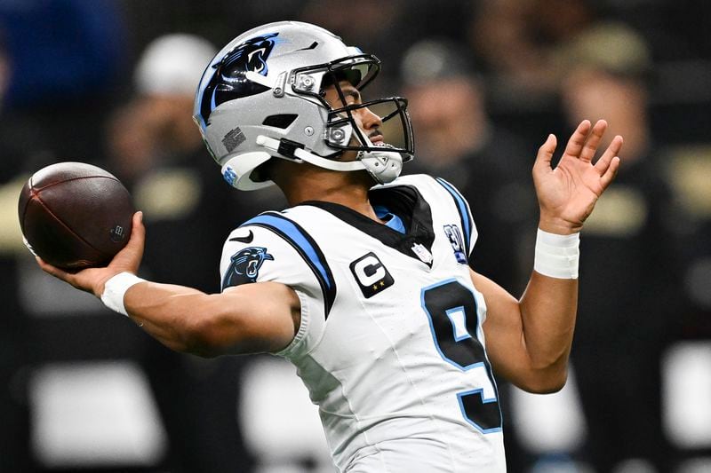 Carolina Panthers quarterback Bryce Young (9) warms up before an NFL football game against the New Orleans Saints, Sunday, Sept. 8, 2024, in New Orleans. (AP Photo/Matthew Hinton)