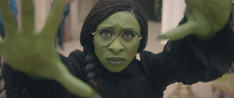 This image released by Universal Pictures shows Cynthia Erivo as Elphaba in the film "Wicked." (Universal Pictures via AP)