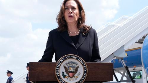 Vice President Kamala Harris delivers remarks at George Bush Intercontinental Airport, Thursday, Aug. 1, 2024, in Houston. (AP Photo/LM Otero)