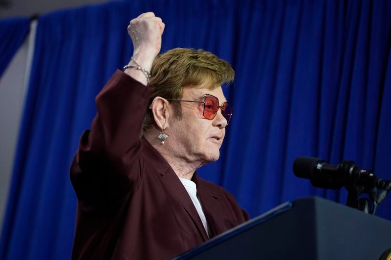 Elton John speaks at the grand opening ceremony for the Stonewall National Monument Visitor Center, Friday, June 28, 2024, in New York. (AP Photo/Evan Vucci)