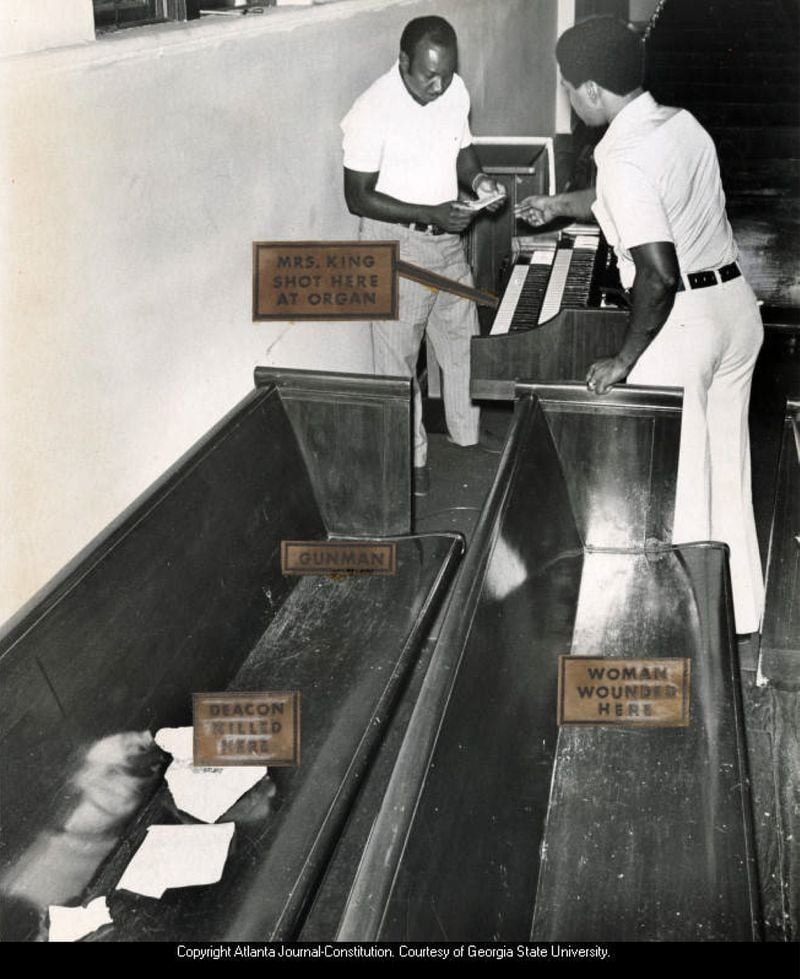 Investigators search the crime scene at Ebenezer Baptist Church after the assassination of Alberta Williams King and Edward Boykin on June 30, 1974. The labels on the image read "Mrs. King shot here at organ"; "Gunman"; "Deacon killed here"; and "Woman wounded here." (Bill Mahan/AJC Archive at GSU Library AJCP370-173e)