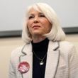 FILE - Candidate Tina Peters speaks during a debate for the state leadership position Saturday, Feb. 25, 2023, in Hudson, Colo. (AP Photo/David Zalubowski, File)