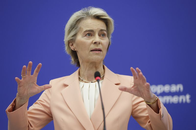 European Commission President Ursula von der Leyen presents her new team for her next five-year tenure at the head of the bloc, during a press conference at the European Parliament, Tuesday, Sept. 17, 2024, in Strasbourg.(AP Photo/Jean-Francois Badias)