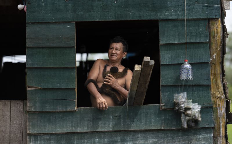 A man holds his pet monkey while looking out from his home in the Belen neighborhood of Iquitos, Peru, Saturday May 25, 2024. The Indigenous community in the heart of Peru's Amazon known as the "Venice of the Jungle" is hosting the Muyuna Floating Film Festival, celebrating tropical forests. (AP Photo/Rodrigo Abd)