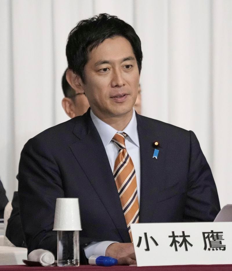 Former Economic Security Minister Takayuki Kobayashi, a candidate for the ruling Liberal Democratic Party's presidential election, attends a joint speech session with other candidates, at the party's headquarters in Tokyo, Japan Thursday, Sept. 12, 2024.(Kyodo News via AP)