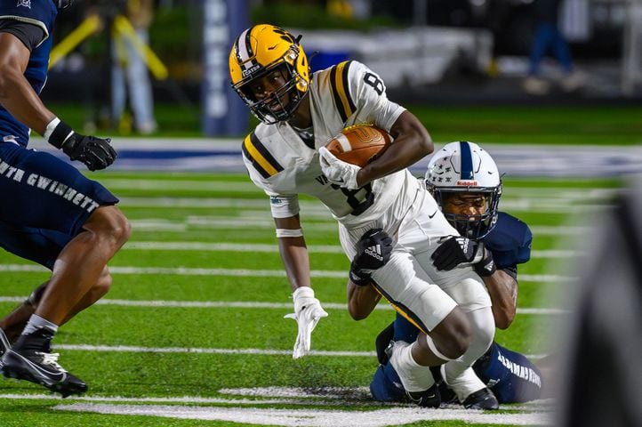 Valdosta’s JJ Gary is tackled during the Valdosta at South Gwinnett football game in Gwinnett on September 13, 2024. (Jamie Spaar for the Atlanta Journal Constitution)