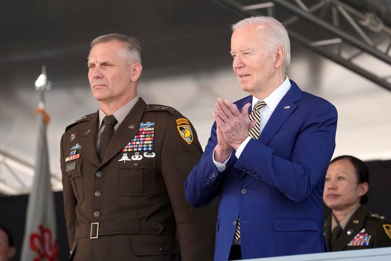 President Joe Biden, right, and Lt. General Steven W. Gilland, Superintendent of the U.S. Military Academy, attend the U.S. Military Academy commencement ceremony, Saturday, May 25, 2024, in West Point, N.Y. (AP Photo/Alex Brandon)