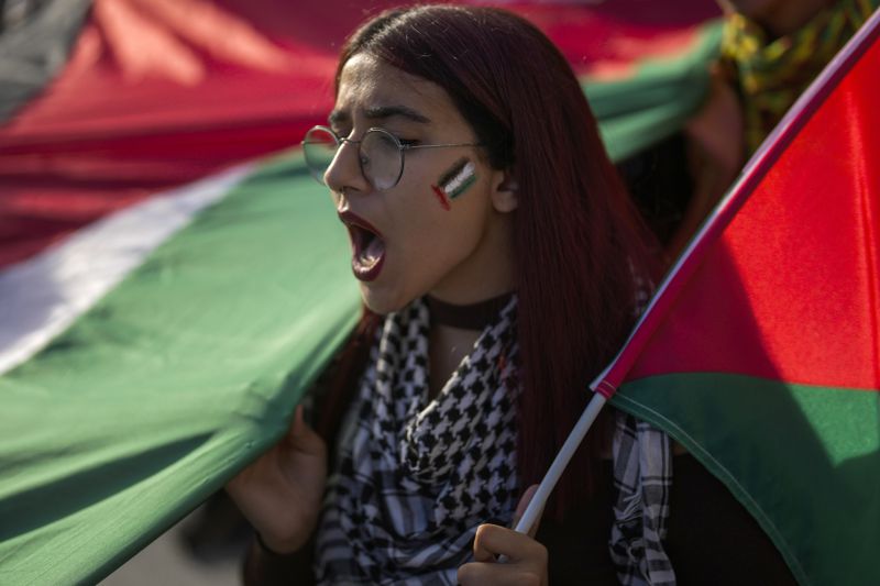 A demonstrator hold a Palestinian flag and chants slogans during a pro Palestinian protest in Istanbul, Turkey, Saturday, Oct. 5, 2024. (AP Photo/Khalil Hamra)