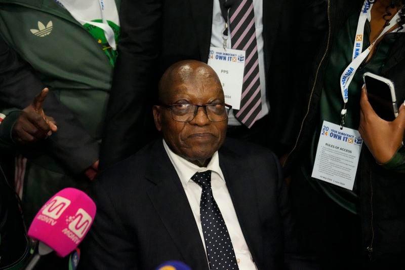 FILE — Former president and now leader of the MK Party, Jacob Zuma, looks on at the Results Operation Centre (ROC) in Midrand, Johannesburg, South Africa, Saturday, June 1, 2024. South African lawmakers are expected to elect the country's president on Friday, June 14 after being sworn in at the first sitting of Parliament that will also reveal the kind of unity government the ruling African National Congress has managed to cobble together after losing its majority for the first time since 1994. (AP Photo/Themba Hadebe, File)