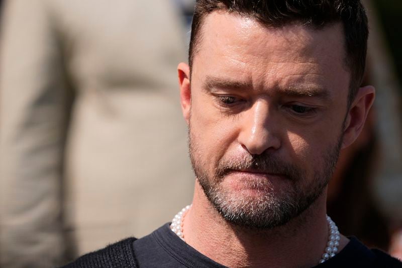 Justin Timberlake speaks to the press after a court hearing, Friday, Sept. 13, 2024, in Sag Harbor, N.Y. (AP Photo/Pamela Smith)