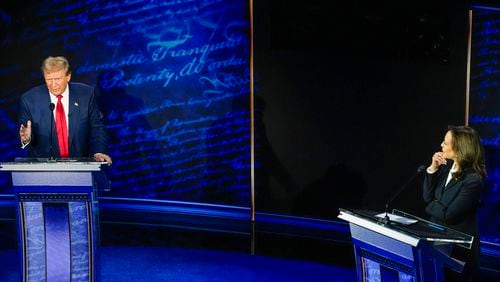 Republican presidential nominee former President Donald Trump and Democratic presidential nominee Vice President Kamala Harris participate during an ABC News presidential debate at the National Constitution Center in Philadelphia, Tuesday, Sept. 10, 2024. (AP Photo/Alex Brandon)