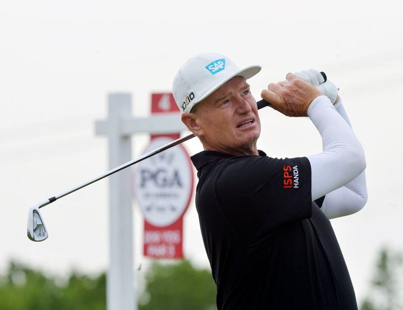 Ernie Els tees off on the fourth hole during the final round of the Senior PGA Championship held at Harbor Shores, Sunday, May 26, 2024, in Benton Harbor, Mich. (Don Campbell/The Herald-Palladium via AP)