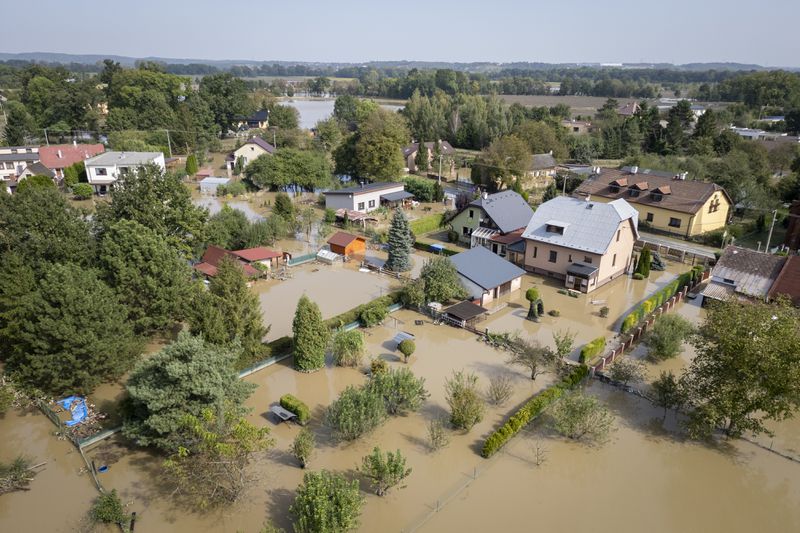 An aerial view of a flooded neighbourhood in Bohumin, Czech Republic, Tuesday, Sept. 17, 2024. (AP Photo/Darko Bandic)