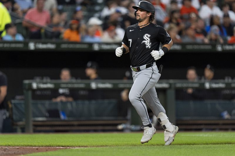 Chicago White Sox's Dominic Fletcher (7) trots home after hitting a two-run home run during the fourth inning of a baseball game against the Baltimore Orioles, Wednesday, Sept. 4, 2024, in Baltimore. (AP Photo/Stephanie Scarbrough)