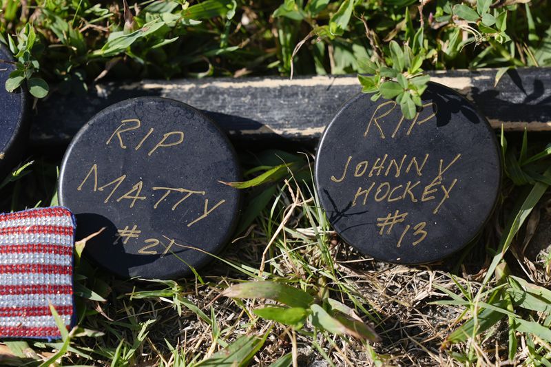 Shown is a makeshift memorial for NHL hockey player Johnny Gaudreau and his brother Matthew who were killed by a suspected drunken driver as they bicycled on a rural road, Sept. 5, 2024, in Oldmans Township , N.J., Thursday. (AP Photo/Matt Rourke)